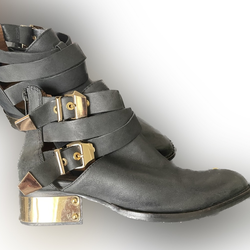 JEFFREY CAMPBELL Women's Everly Leather Black Gold Cut-Out Buckle Boots 5.5 - Picture 3 of 5